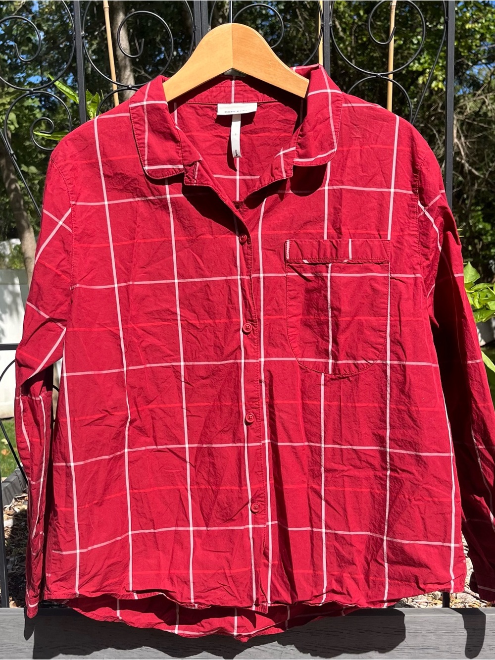 Cozy Earth Sutton Garnet Windowpane Long Sleeve Cotton Poplin Pajama Top Size S